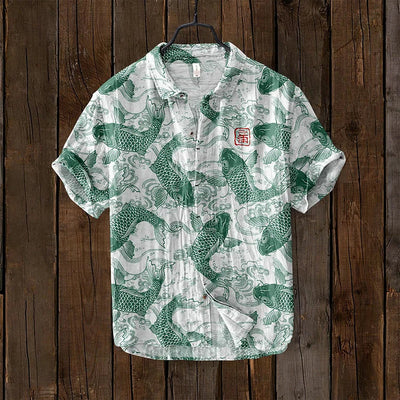 Ogie - Camisa de Lino con Diseño Artístico Inspirado en Peces Vintage