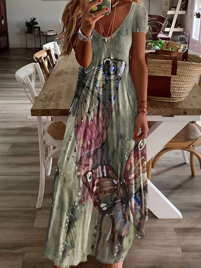 Sara - Vestido con Escote en V y Mariposas para Primavera y Verano