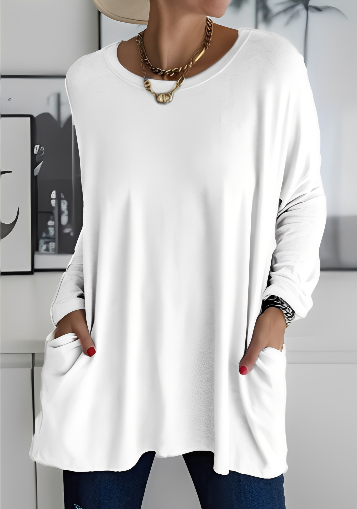 Krystle - Camiseta de manga larga suelta con bolsillos para mujer