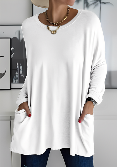 Krystle - Camiseta de manga larga suelta con bolsillos para mujer
