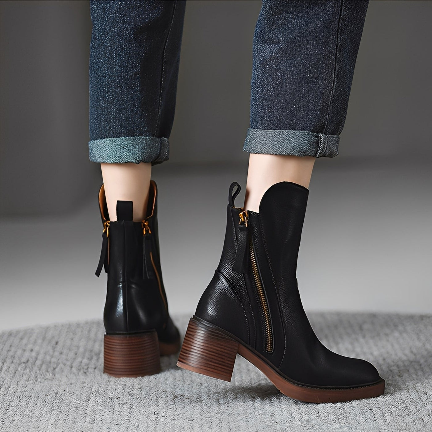 Pamella - Clásicas botas de cuero altas al tobillo para mujeres