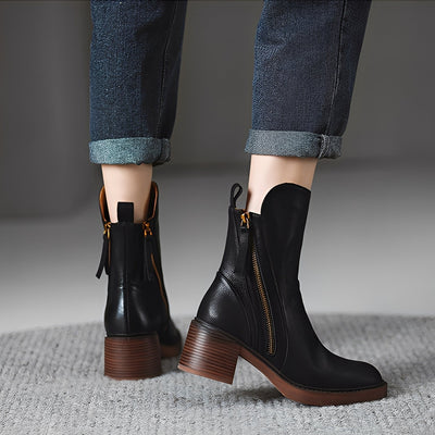 Pamella - Clásicas botas de cuero altas al tobillo para mujeres