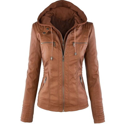 Janene - Casual, impermeable chaqueta de cuero con capucha para mujeres