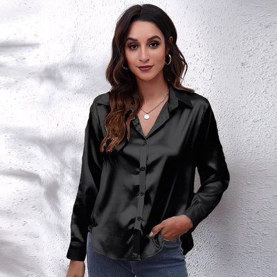 Haylee - Camisa de seda de manga larga casual para mujer