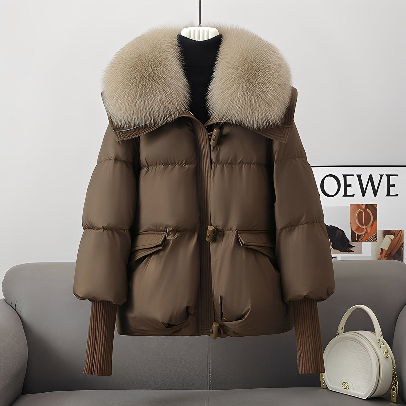 Victoria - elegante chaqueta de plumas rompevientos con cuello de piel para mujeres