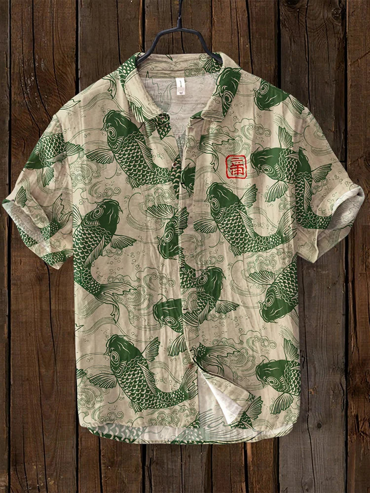 Ogie - Camisa de Lino con Diseño Artístico Inspirado en Peces Vintage
