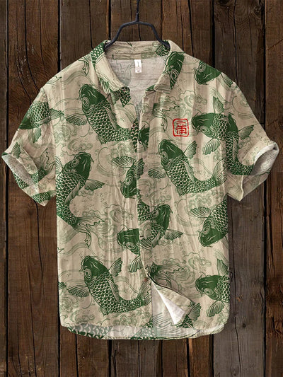 Ogie - Camisa de Lino con Diseño Artístico Inspirado en Peces Vintage