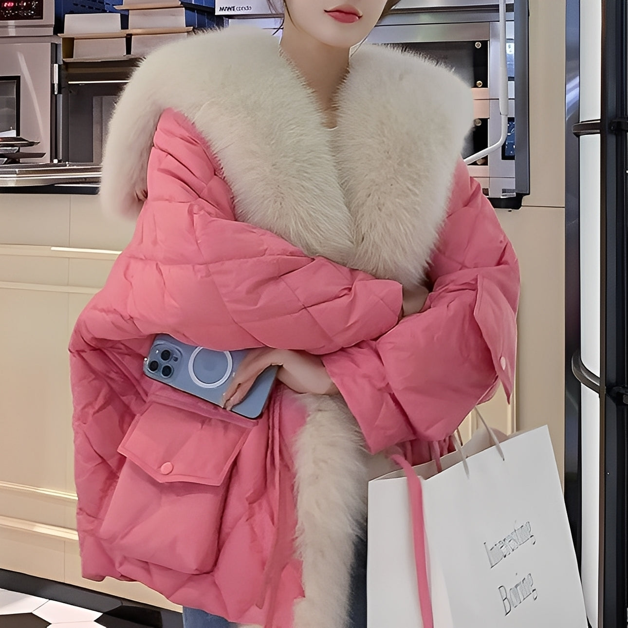 Marjorie - Chaqueta de plumas de moda con cuello de piel para mujeres