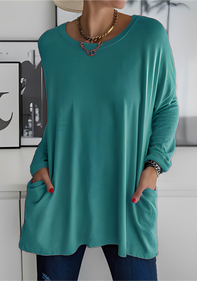 Krystle - Camiseta de manga larga suelta con bolsillos para mujer