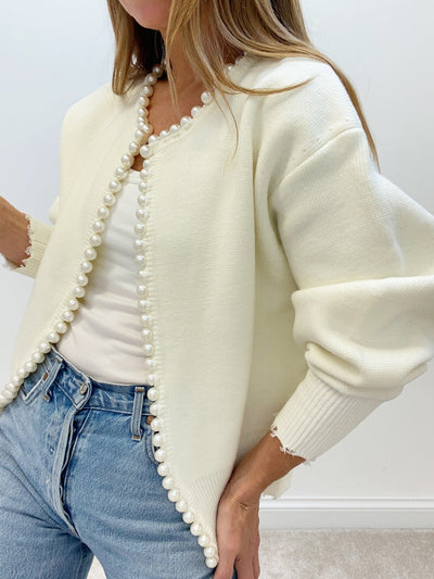 Vivien – Chaqueta de punto con adornos de perlas y bordes de franja