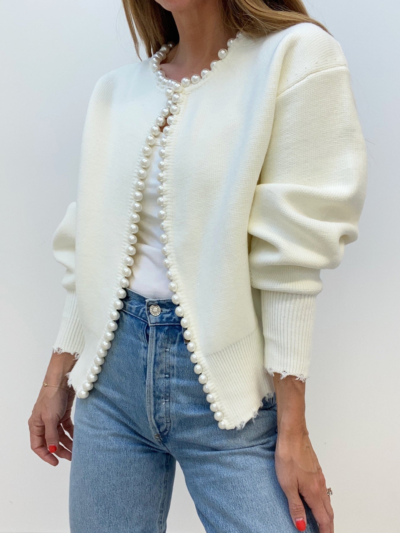 Vivien – Chaqueta de punto con adornos de perlas y bordes de franja