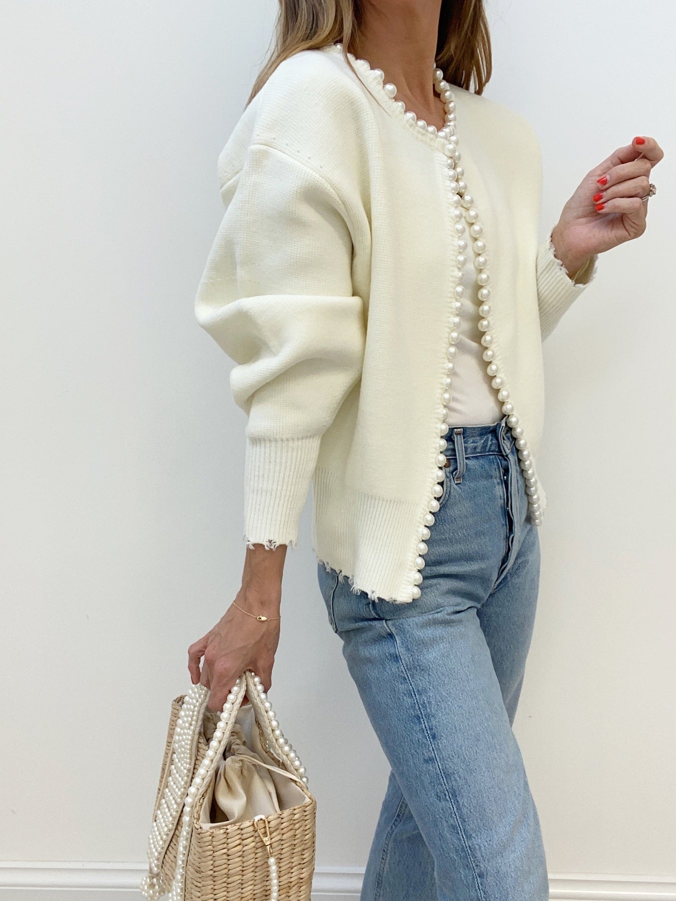 Vivien – Chaqueta de punto con adornos de perlas y bordes de franja