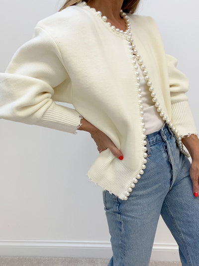 Vivien – Chaqueta de punto con adornos de perlas y bordes de franja
