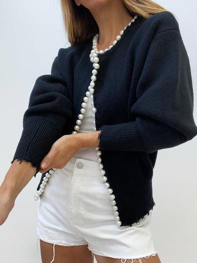 Vivien – Chaqueta de punto con adornos de perlas y bordes de franja
