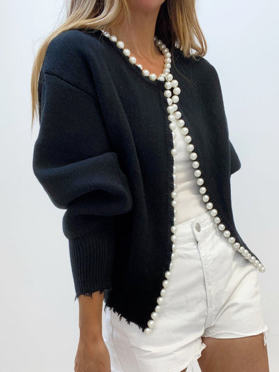 Vivien – Chaqueta de punto con adornos de perlas y bordes de franja