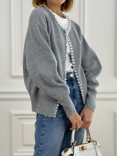 Vivien – Chaqueta de punto con adornos de perlas y bordes de franja