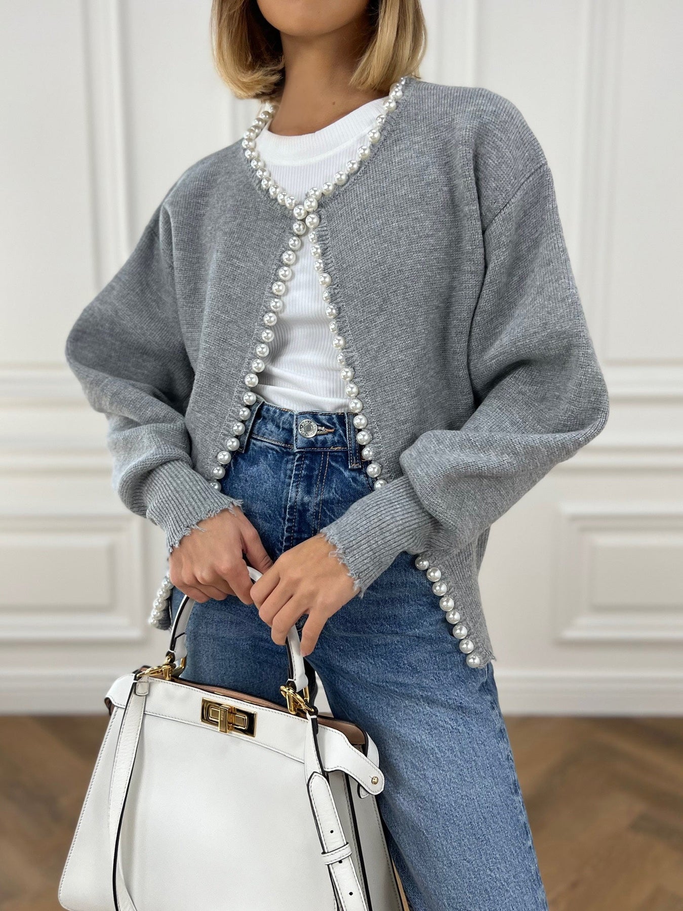 Vivien – Chaqueta de punto con adornos de perlas y bordes de franja