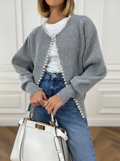 Vivien – Chaqueta de punto con adornos de perlas y bordes de franja