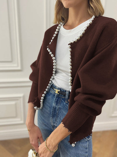 Vivien – Chaqueta de punto con adornos de perlas y bordes de franja
