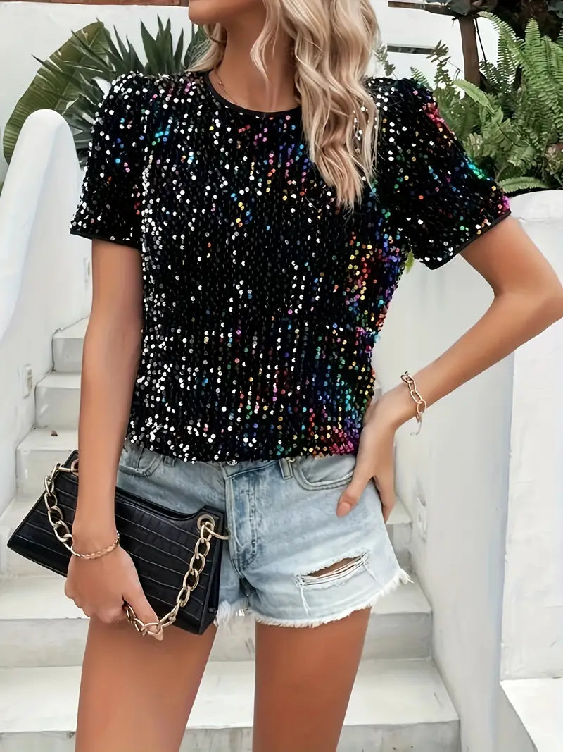 Gina - Camiseta de cuello redondo con decoración de lentejuelas