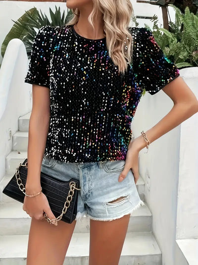 Gina - Camiseta de cuello redondo con decoración de lentejuelas
