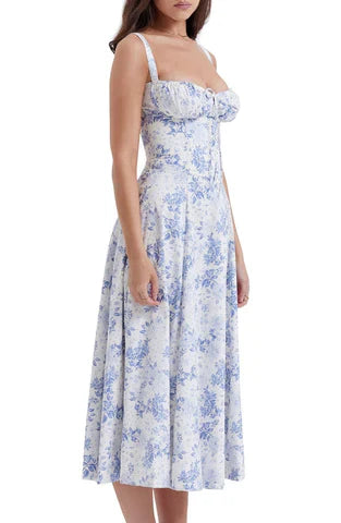 Katharina - Vestido midi azul con diseño floral y cintura acentuada