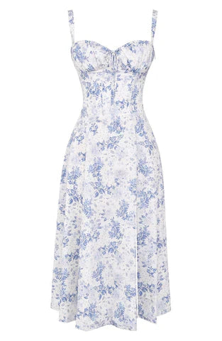 Katharina - Vestido midi azul con diseño floral y cintura acentuada