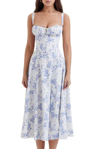 Katharina - Vestido midi azul con diseño floral y cintura acentuada