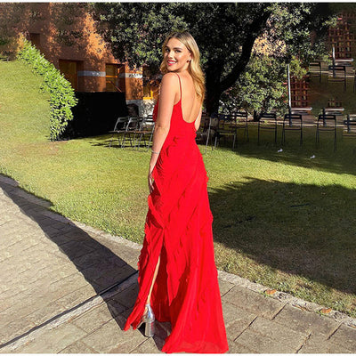 Everly - Vestido maxi sin mangas con volantes