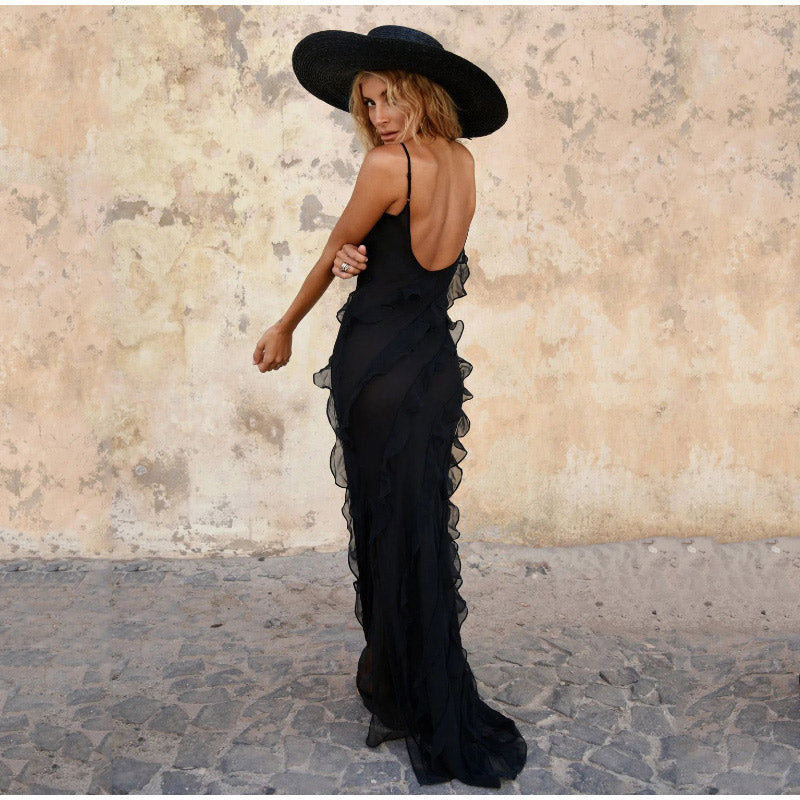 Everly - Vestido maxi sin mangas con volantes