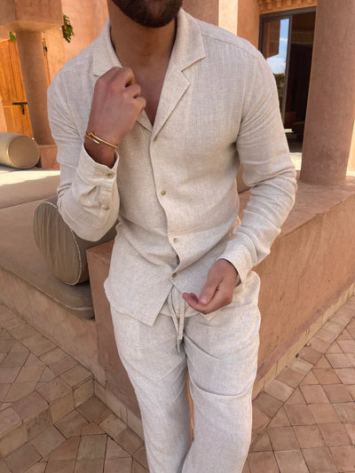 Will - Conjunto de Camisa Beige de Lino Clásica de Manga Larga