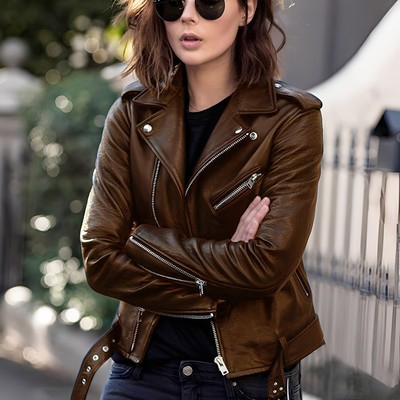 Miranda - Chaqueta de cuero clásica con cremallera para mujer