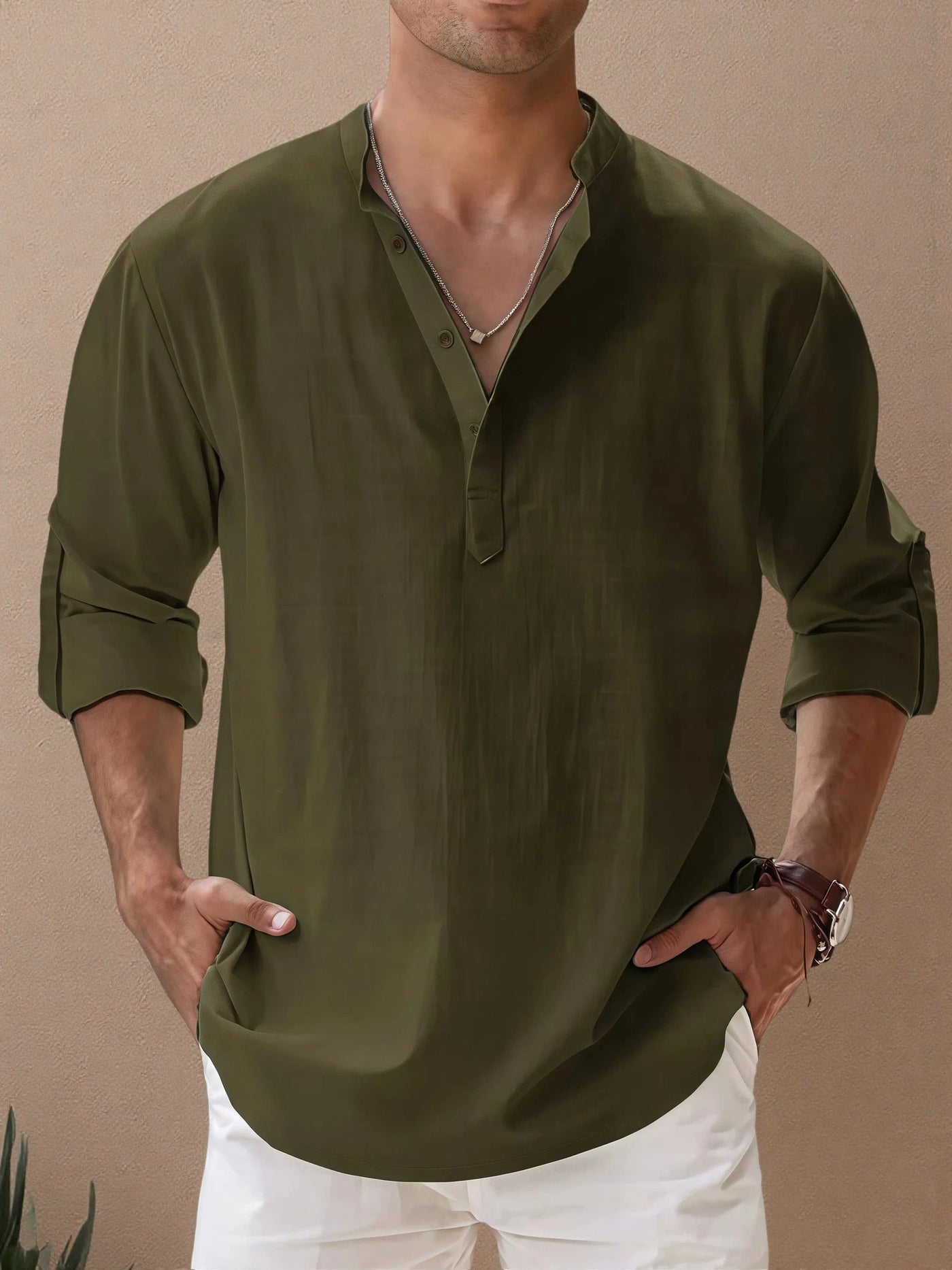 Victor - Camisa casual de hombre de algodón y lino