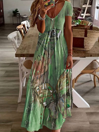 Sara - Vestido con Escote en V y Mariposas para Primavera y Verano