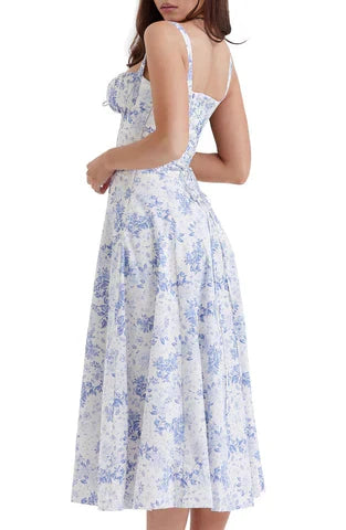 Katharina - Vestido midi azul con diseño floral y cintura acentuada