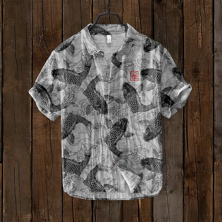 Ogie - Camisa de Lino con Diseño Artístico Inspirado en Peces Vintage