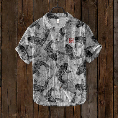 Ogie - Camisa de Lino con Diseño Artístico Inspirado en Peces Vintage