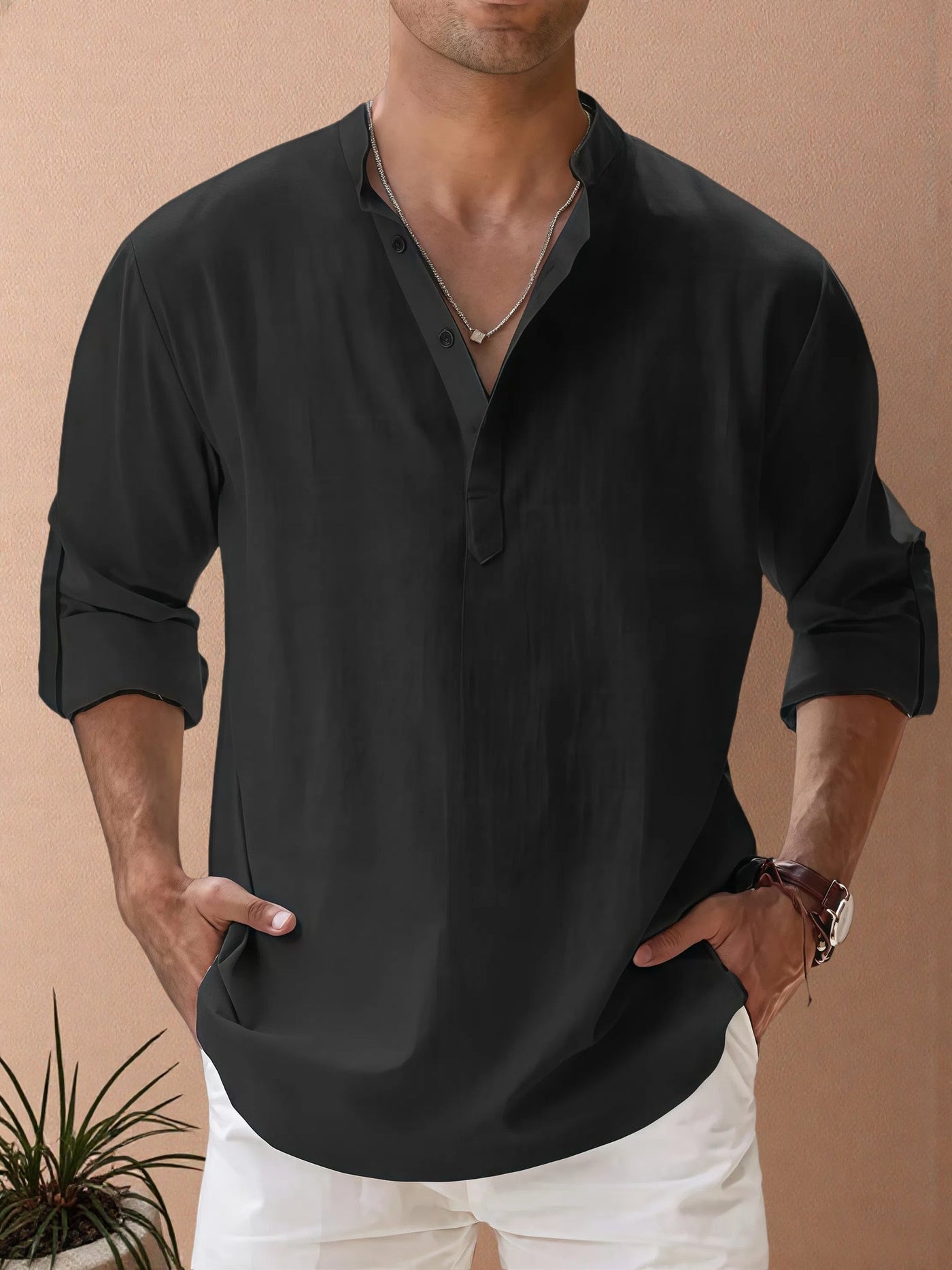 Victor - Camisa casual de hombre de algodón y lino