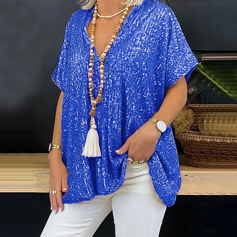 Paola - Camiseta de lentejuelas con cuello en V
