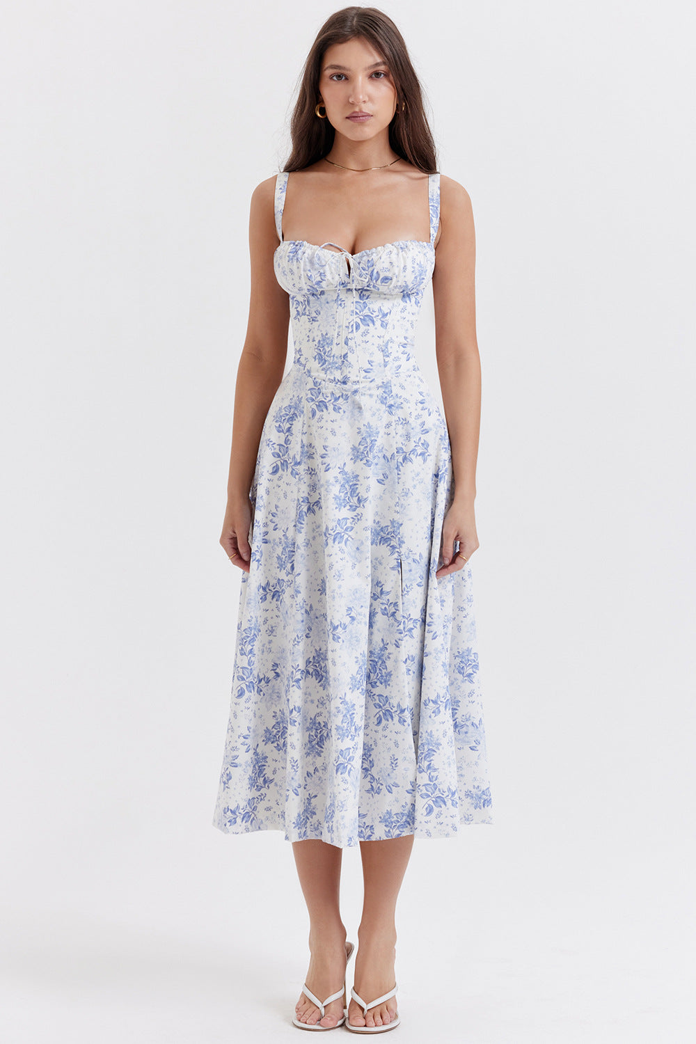 Katharina - Vestido midi azul con diseño floral y cintura acentuada