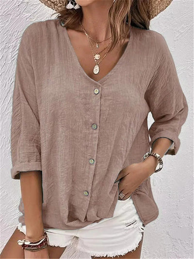 Katie - Blusa con Botones, Escote en V y Corte Moderno