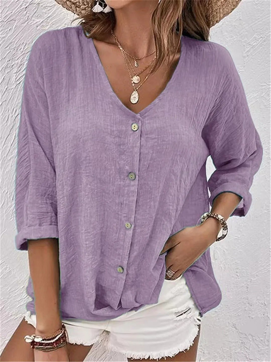 Katie - Blusa con Botones, Escote en V y Corte Moderno