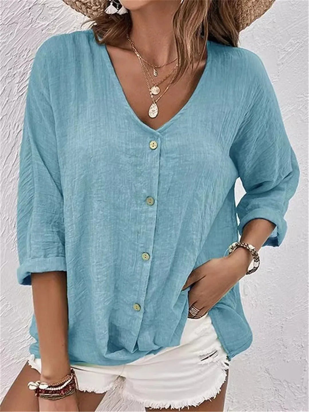 Katie - Blusa con Botones, Escote en V y Corte Moderno