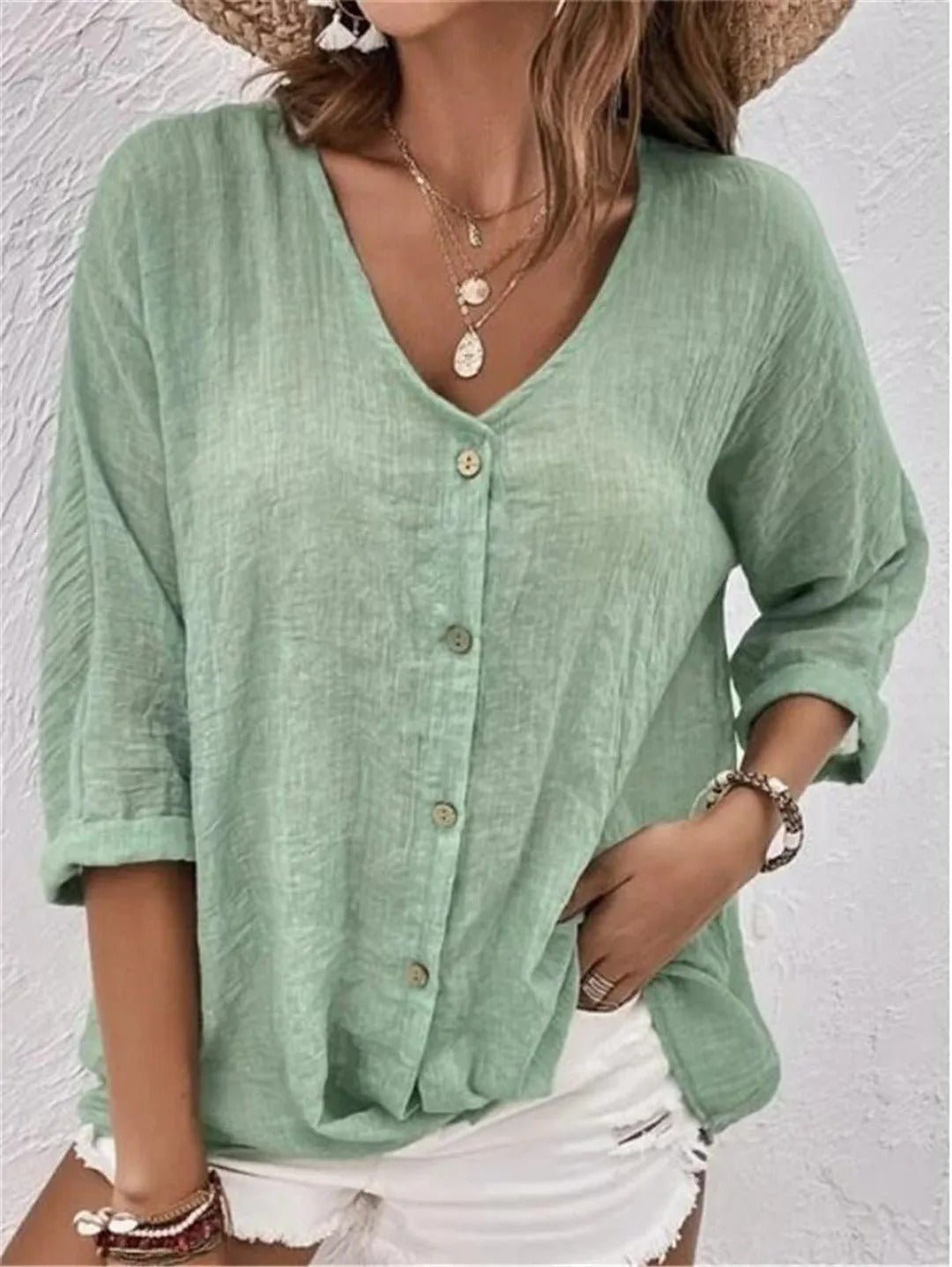 Katie - Blusa con Botones, Escote en V y Corte Moderno