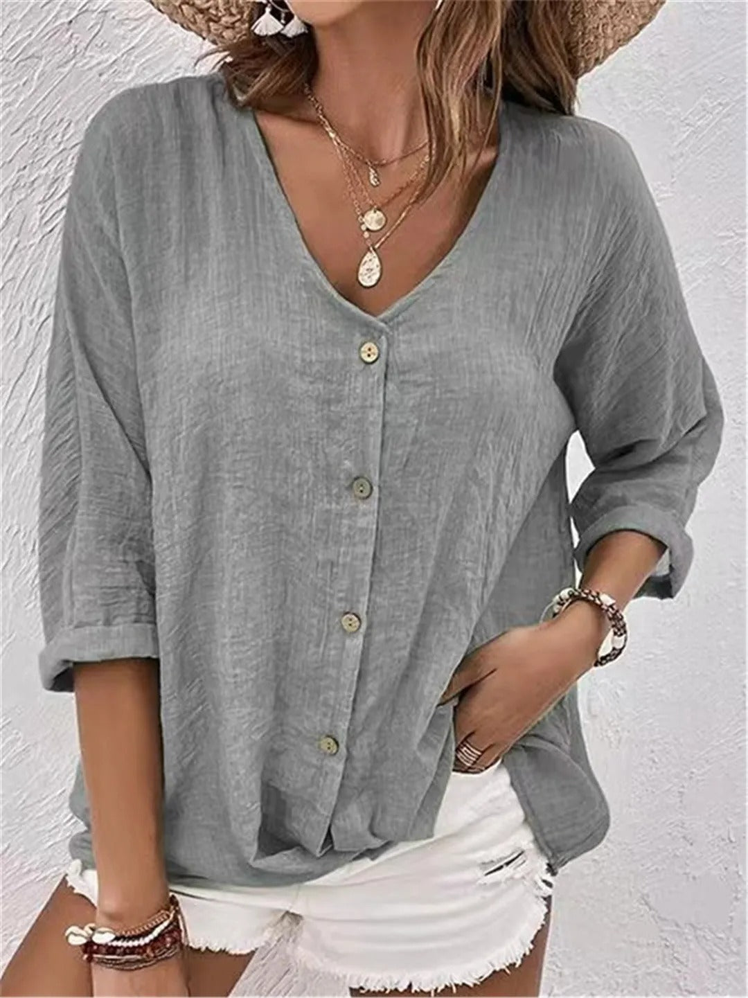 Katie - Blusa con Botones, Escote en V y Corte Moderno