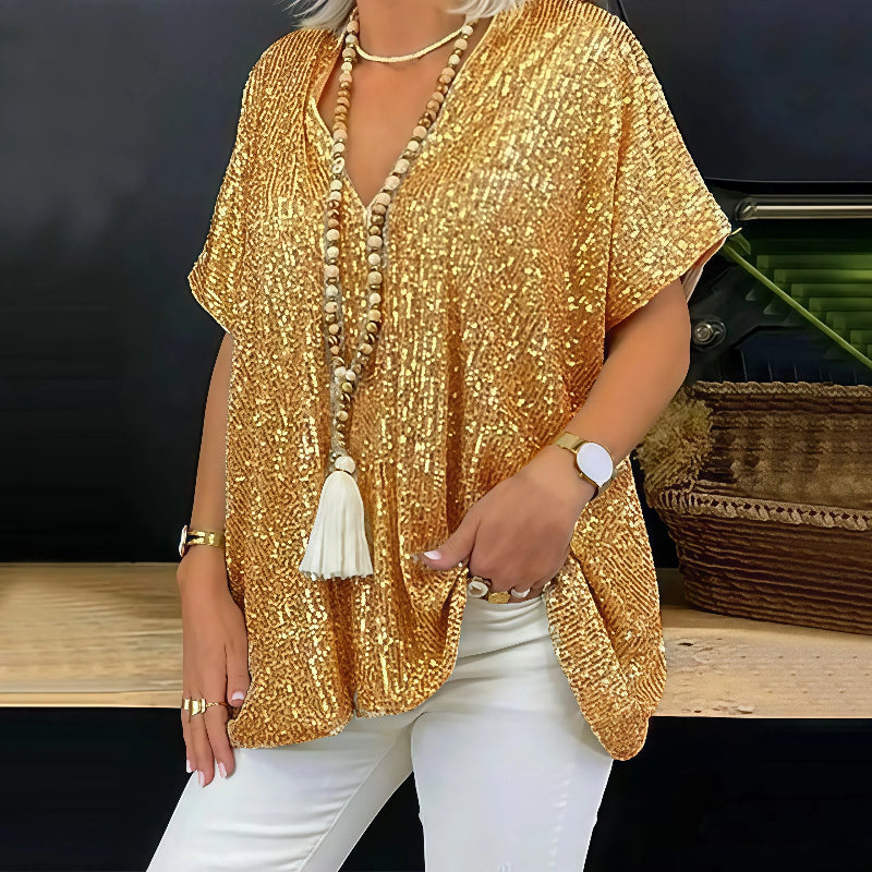 Paola - Camiseta de lentejuelas con cuello en V