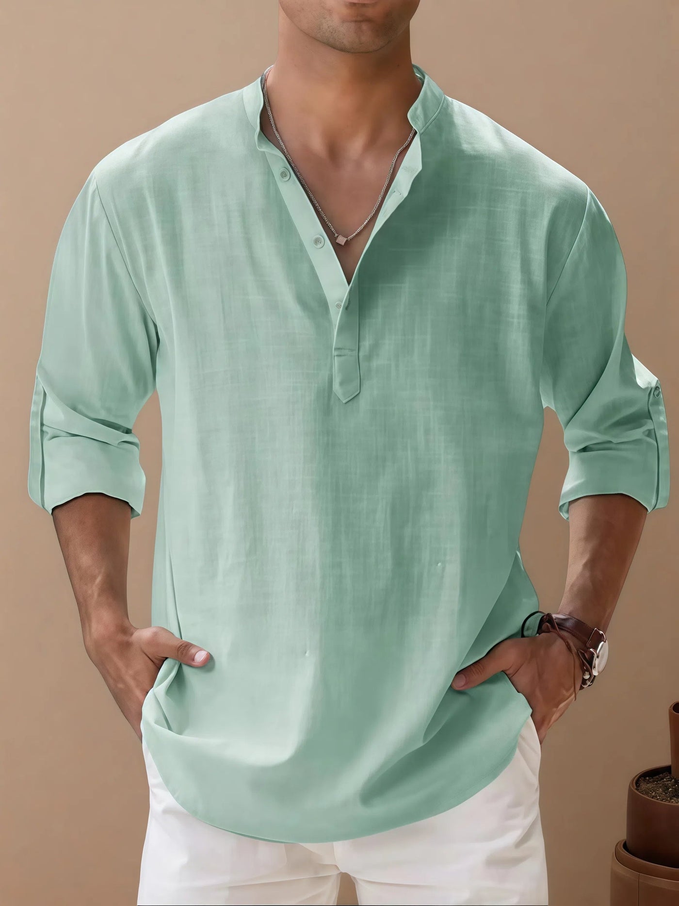 Victor - Camisa casual de hombre de algodón y lino