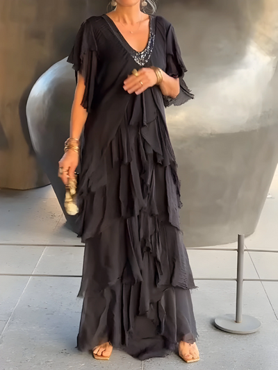 Riza - Vestido Plisado con Escote en V y Flujo