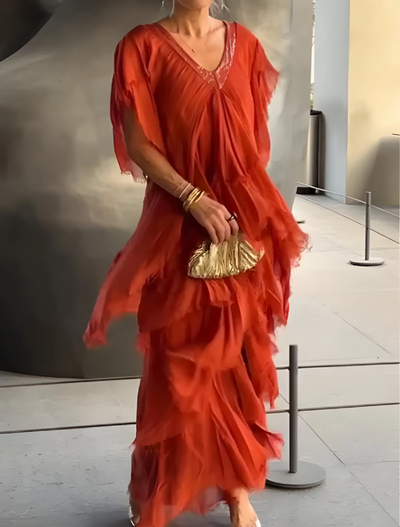 Riza - Vestido Plisado con Escote en V y Flujo