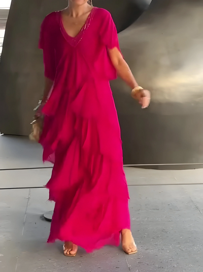 Riza - Vestido Plisado con Escote en V y Flujo